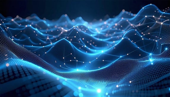 3D render of a digital landscape of connecting lines and dots Network connections technology background waves soft